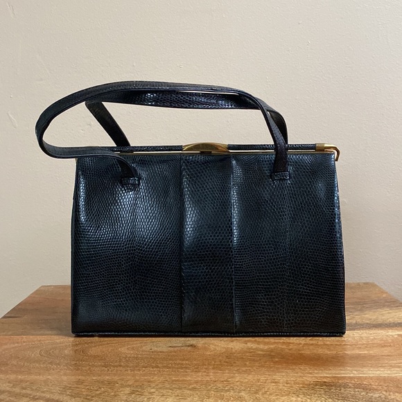 VTG 60’s Bloomingdales England Black Lizard Snakeskin Frame Purse Bag - Picture 3 of 12
